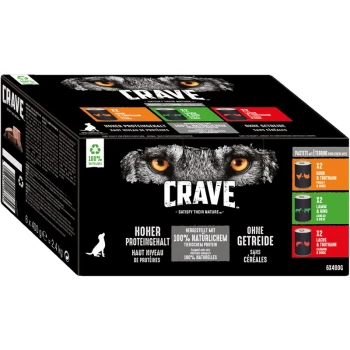 Verpackung für Crave Haustierfutter mit den Augen eines Wolfes, mit der Aufschrift 'Hoher Proteingehalt' und '100% natürlichen tierischen Protein', mit aufgelisteten Geschmacksrichtungen.