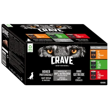 Verpakking voor Crave huisdiervoeding met de ogen van een wolf, met de tekst 'Hoher Proteingehalt' en '100% natuurlijke dierlijke eiwitten,' met smaken vermeld.