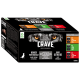 Verpackung für Crave Haustierfutter mit den Augen eines Wolfes, mit der Aufschrift 'Hoher Proteingehalt' und '100% natürlichen tierischen Protein', mit aufgelisteten Geschmacksrichtungen.