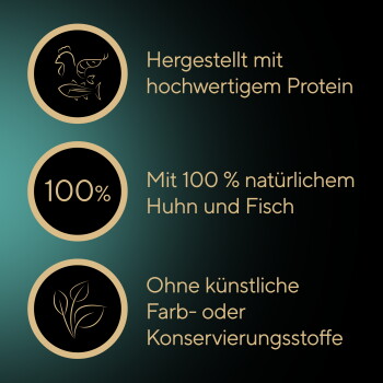 Goldene Symbole (Huhn+Fisch, 100%, Blatt) mit Text: hochwertiges Protein; 100% natürliches Huhn & Fisch; keine künstlichen Zusatzstoffe.