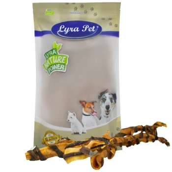 Eine Tüte Lyra Pet Hundeleckerlis mit der Aufschrift "Lyra Nature Power", die Bilder eines Hundes, einer Katze und eines Welpen zeigt, mit einem Kauknochen davor.