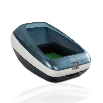 Eine moderne automatische Katzentoilette mit einem schlanken Design, ausgestattet mit einem transparenten Deckel und einem grünen Streubereich, beschriftet mit 'SARCAT'.