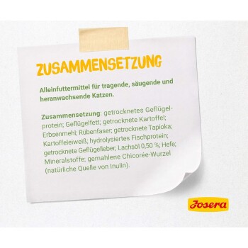 Nährwerttabelle für Haustierfutter, die Vitamine, Mineralien und die Analyse von Protein-, Fett- und Energiegehalt auflistet, mit Josera-Logo.