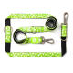 Grünes Hundeleinen- und Geschirrset mit Kiwi-Muster, Metallclips und "Max & Molly Urban Pet" Etikett.