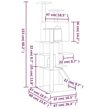 Katzenbaum mit mehreren Ebenen, in Zentimetern und Zoll beschriftete Abmessungen, ausgestattet mit einem Haus, Plattformen und einer Rampe.