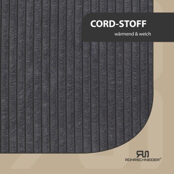 Dunkelgrauer Cordstoff mit vertikalen Streifen, beschriftet mit "CORD-STOFF" und "wärmend & weich" in moderner Schrift.