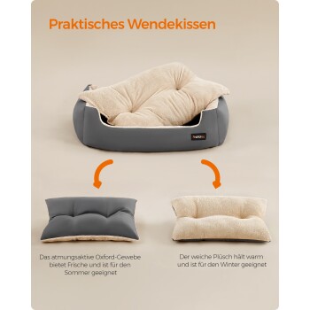 Praktisches Wendekissen für Haustiere, mit einem grauen Oxford-Gewebe für den Sommer und einem weichen Plüsch für den Winter.