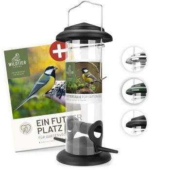 Ein Vogelhaus mit der Aufschrift "Futtersäule für Gartenvögel" und Bildern einer Kohlmeise, mit einem transparenten Rohr, schwarzem Deckel und Basis.