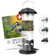 Ein Vogelhaus mit der Aufschrift "Futtersäule für Gartenvögel" und Bildern einer Kohlmeise, mit einem transparenten Rohr, schwarzem Deckel und Basis.