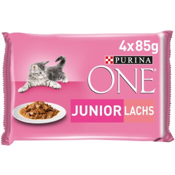 Purina ONE Junior Kittenfutter nass zarte Stückchen in Sauce Lachs 48x85g