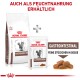 Royal Canin Gastrointestinal Haustierfutterverpackung, die eine Tüte Trockenfutter und einen Beutel Nassfutter zeigt, mit Text, der die Verfügbarkeit in nasser Form angibt.