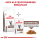 Royal Canin Gastrointestinal Haustierfutterverpackung, die eine Tüte Trockenfutter und einen Beutel Nassfutter zeigt, mit Text, der die Verfügbarkeit in nasser Form angibt.