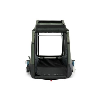 Ein Haustierwagen mit einem grünen und schwarzen Design, ausgestattet mit einem geräumigen Innenraum und einem Netzoberteil zur Belüftung.
