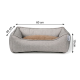 Lit pour animal rectangulaire gris avec coussin rond marron, flèches indiquant les dimensions 60 cm, 40 cm et 19 cm, petite étiquette latérale visible.