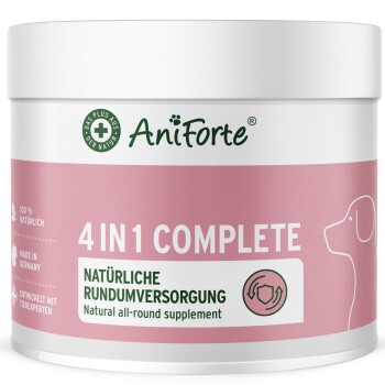 Behälter von AniForte 4 in 1 Komplett-Natur-Allround-Ergänzung für Hunde, mit einem rosa Etikett mit deutschem Text und einer Hundesilhouette.