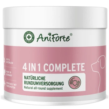 Behälter von AniForte 4 in 1 Komplett-Natur-Allround-Ergänzung für Hunde, mit einem rosa Etikett mit deutschem Text und einer Hundesilhouette.
