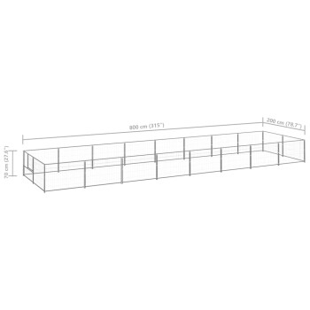 Ein Diagramm eines großen Tiergeheges, das 800 cm x 200 cm x 70 cm misst, mit beschrifteten Abmessungen und einem Drahtgitterdesign.