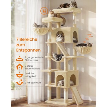 Beiger mehrstöckiger Kratzbaum mit sieben Katzen; sichtbarer Text '7 Bereiche zum Entspannen' und deutsche Funktionsliste.
