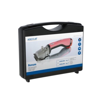 Eine schwarze Tragetasche mit einem kabellosen Haarschneider, der mit "Bonum" von Aesculap beschriftet ist, mit Produktdetails und Symbolen auf der Vorderseite.