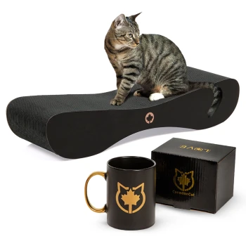 Eine getigerte Katze sitzt auf einem eleganten schwarzen Kratzbaum mit einem Ahornblatt-Logo, neben einer schwarzen Tasse mit einem goldenen Katzendesign und einer Geschenkbox.
