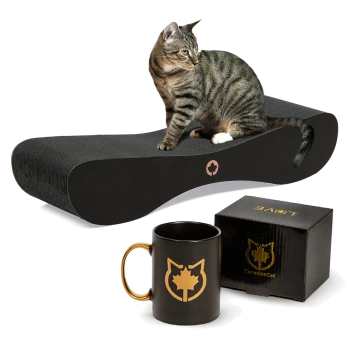 Eine getigerte Katze sitzt auf einem eleganten schwarzen Kratzbaum mit einem Ahornblatt-Logo, neben einer schwarzen Tasse mit einem goldenen Katzendesign und einer Geschenkbox.