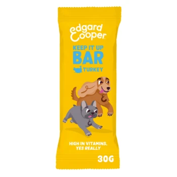 Edgard Cooper Keep It Up Bar Turkey, featuring playful cartoon dogs, with text stating "HIGH IN VITAMINS, YES REALLY" and a weight of 30G.