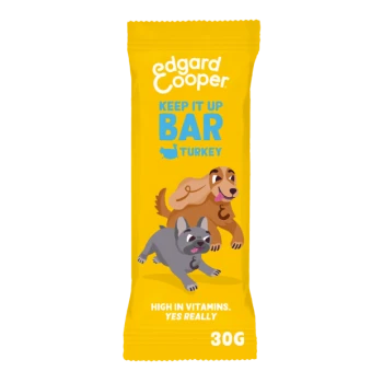 Barre Edgard Cooper Keep It Up Turkey, présentant des chiens de dessin animé ludiques, avec un texte indiquant 'RICHE EN VITAMINES, OUI VRAIMENT' et un poids de 30G.