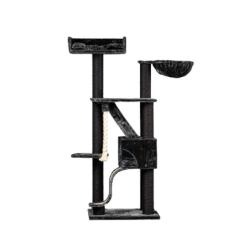 Schwarzer Katzenbaum mit mehreren Ebenen, einer gemütlichen Schüssel, einem Kratzbaum und einem hängenden Seil zum Spielen.