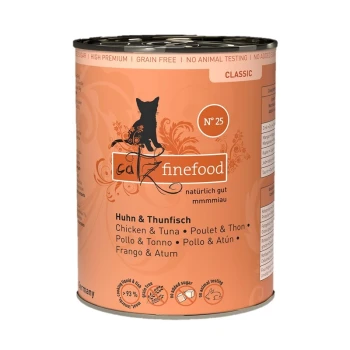 Catz Finefood Dose mit Huhn & Thunfisch, beschriftet mit "natürlich gut mmmiau," das getreidefrei und ohne Tierversuche hervorhebt.