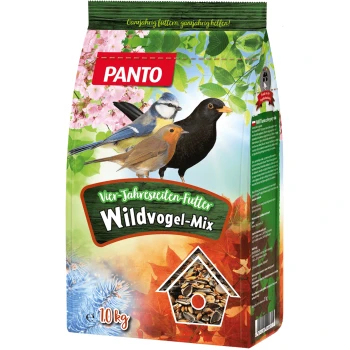 ® VIER-JAHRESZEITEN-FUTTER 1 kg Eine bunte Tüte PANTO Wildvogel-Mix Vogelfutter, mit Illustrationen eines Blaumeise, Rotkehlchen und Amsel, mit einem Gewichtsetikett von 1,0 kg.