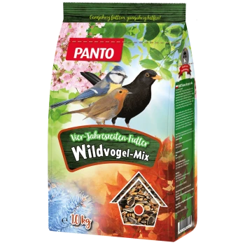 Eine bunte Tüte PANTO Wildvogel-Mix Vogelfutter, mit Illustrationen eines Blaumeise, Rotkehlchen und Amsel, mit einem Gewichtsetikett von 1,0 kg.