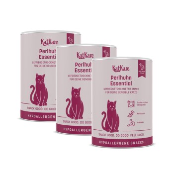 Drei pinke KatKare-Dosen mit Aufschrift „Perlhuhn Essential“, Katzensnacks, Katzensilhouette und sichtbarem Text „Snack gut. Tu Gutes. Fühl dich gut.“