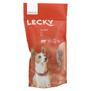Rote Verpackung für Lecky Fun Balls Hundeleckerlis, mit einem Hund auf der Vorderseite, mit Text, der 97% Fleisch, glutenfrei und Geschmäcker: Rindfleisch angibt.