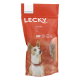 Rote Verpackung für Lecky Fun Balls Hundeleckerlis, mit einem Hund auf der Vorderseite, mit Text, der 97% Fleisch, glutenfrei und Geschmäcker: Rindfleisch angibt.
