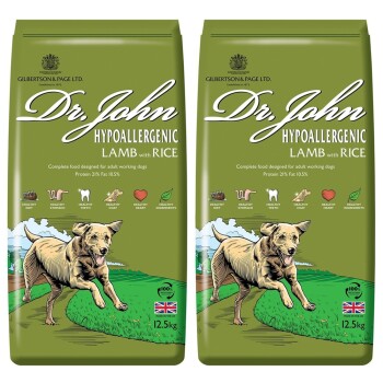 Dr. John hypoallergenes Hundefutter mit Lamm und Reis, 12,5 kg Beutel, mit einer Illustration eines rennenden Hundes. Enthält 21% Protein und 10,5% Fett.