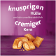 Knusprige goldene Snacks mit cremiger Füllung auf violetter Oberfläche; Text: ‚knusprigen Hülle und ein unwiderstehlich cremiger Kern‘