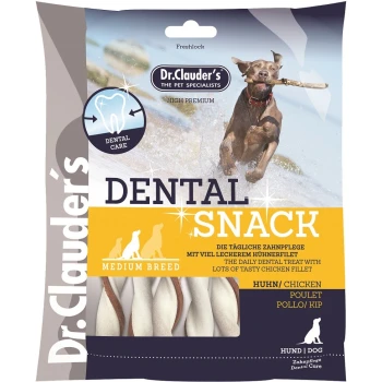Dental Snack Huhn - Medium Breed 170g Dr. Clauder's Dental Snack für Hunde mittlerer Rassen, mit einer Verpackung, die eine Grafik zur Zahnpflege zeigt und Hühnerfilet-Zutaten hervorhebt.