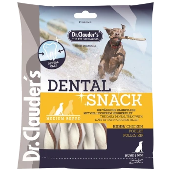 Snack dentaire Dr. Clauder pour chiens de taille moyenne, avec un paquet présentant un graphique de soins dentaires, mettant en avant des ingrédients de filet de poulet.