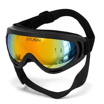 Schwarze Schutzbrille für Haustiere mit verspiegelt orange-gelber Linse, verstellbaren schwarzen Riemen und „STUCH“-Logo auf der Linse.