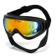 Schwarze Schutzbrille für Haustiere mit verspiegelt orange-gelber Linse, verstellbaren schwarzen Riemen und „STUCH“-Logo auf der Linse.