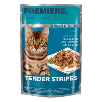 A cat food package featuring a Bengal cat with green eyes, labeled "PREMIERE. I love my cat" and "TENDER STRIPES mit Lachs" with salmon.