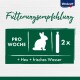 Fütterungsempfehlung für Kaninchen: 2 Sticks pro Woche, plus Heu und frisches Wasser. Vitakraft-Branding oben sichtbar.