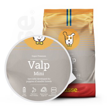 Super Premium Valp Mini Hundefutterbeutel, entworfen für Welpen kleinerer Rassen, mit Symbolen für hohe Energie, Verdauungsunterstützung und hohen Proteingehalt.