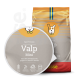 Super Premium Valp Mini Hundefutterbeutel, entworfen für Welpen kleinerer Rassen, mit Symbolen für hohe Energie, Verdauungsunterstützung und hohen Proteingehalt.