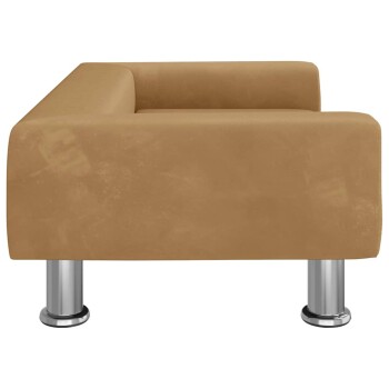 Braunes Wildleder-Haustiersofa mit erhöhten silbernen Metallbeinen, entworfen für kleine Haustiere.