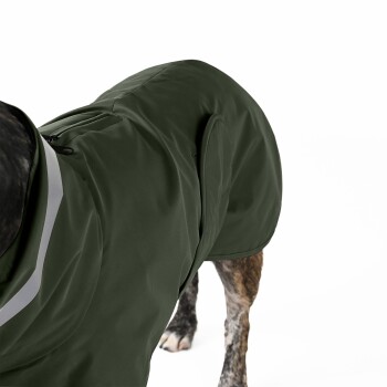 Nahaufnahme einer wasserdichten Hundejacke in Dunkelgrün, mit einem Reißverschluss und Wassertropfen auf dem Stoff, mit einem Etikett, das "THE DOG IDEA" liest.