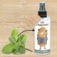 Eine Flasche "Leo Löwenkatz Katzenminze-Spray" mit einem Cartoon-Löwen, frischen Minzblättern und einem Etikett mit der Aufschrift "Wunderbar wilder Löwenspaß."