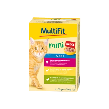 Gelbe Katzenfutterbox mit einer orangefarbenen Tabby, beschriftet mit 'MultiFit mini SAUCE' für erwachsene Katzen, mit Geschmäckern von Kalb, Huhn und Ente.