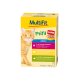 Gele kattenvoerdoos met een oranje tabby, gelabeld 'MultiFit mini SAUCE' voor volwassen katten, met smaken van kalfsvlees, kip en eend.