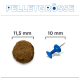 Überschrift „PELLETGRÖSSE“ mit rundem braunem Futterpellet (links) mit Beschriftung 11,5 mm und blauer Stecknadel (rechts) mit Beschriftung 10 mm als Maßstab